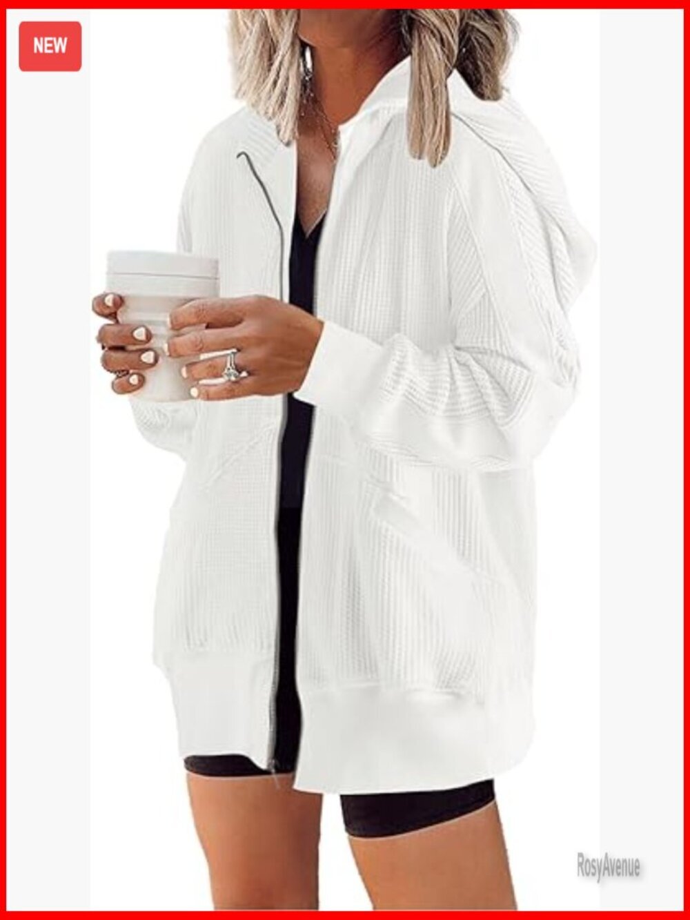 Oversized Zip Up Hoodie Waffle Knit Shacket Fall Jacket with Pockets